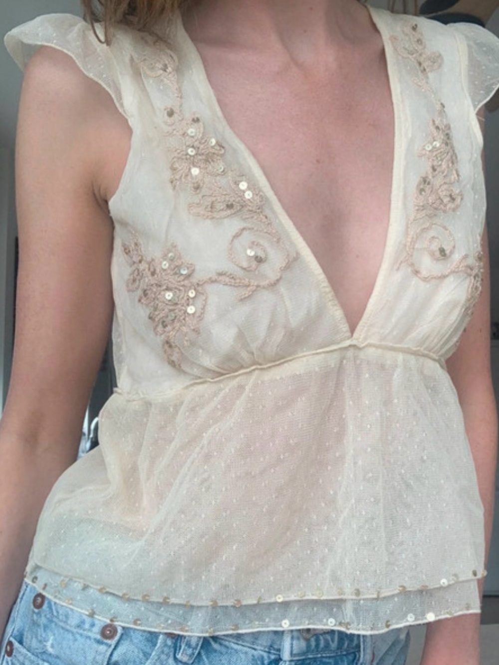 Chilli Couture Cream Embroidered Sequin Mesh Babydoll Top Size M EU 40 - Picture 3 of 12